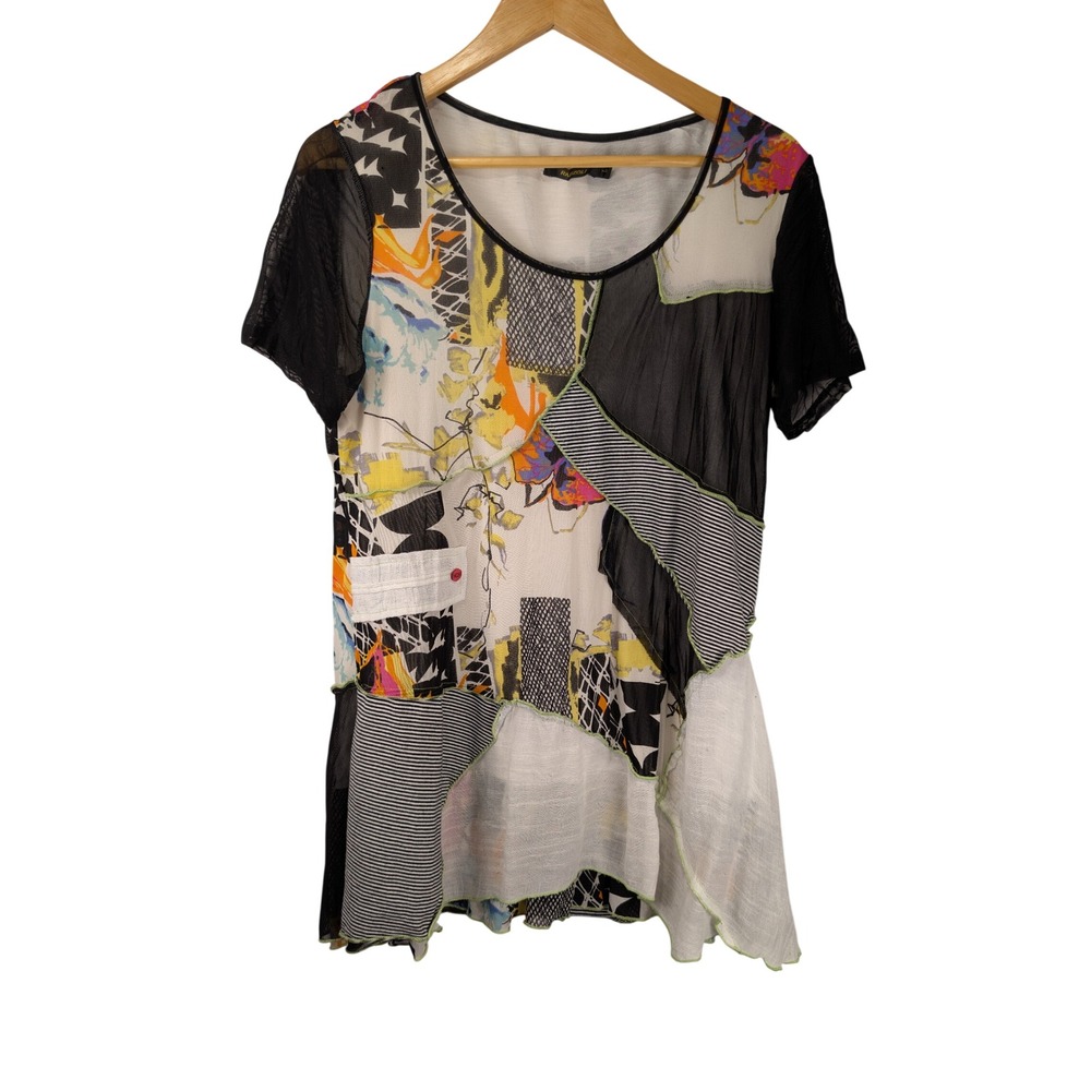 Radzoli Womens Patchwork Mixed Media Top Abstract Mesh Short Sleeve Large